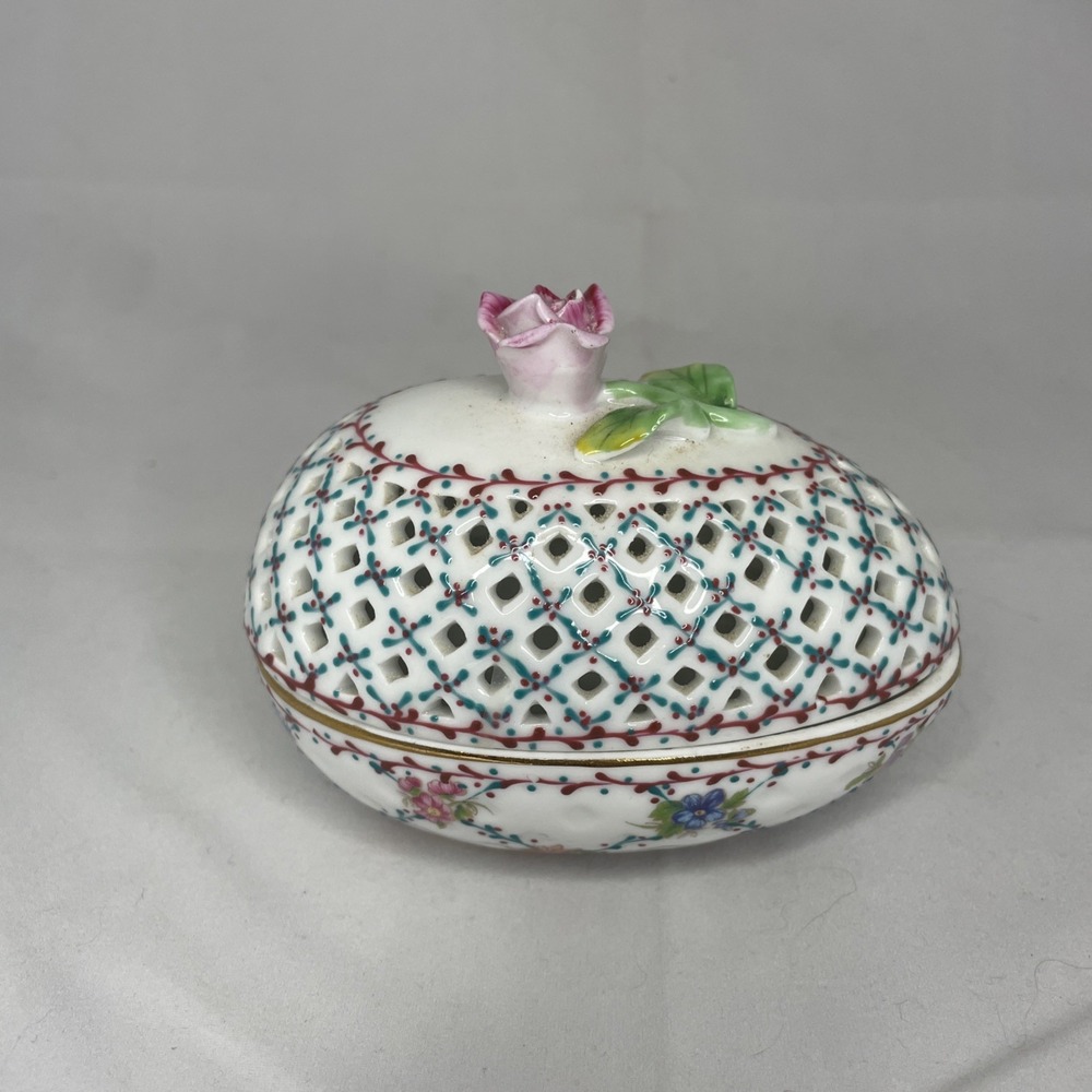 Royal Danube Porcelain Trinket Box #1886 Reticulated Egg Hand Painted Floral 5"